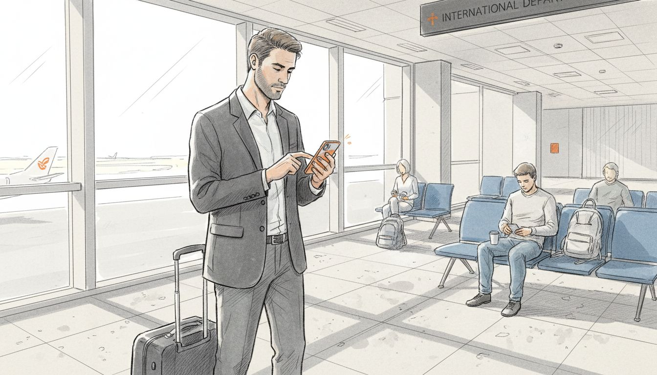 Traveler activating eSIM in an airport terminal