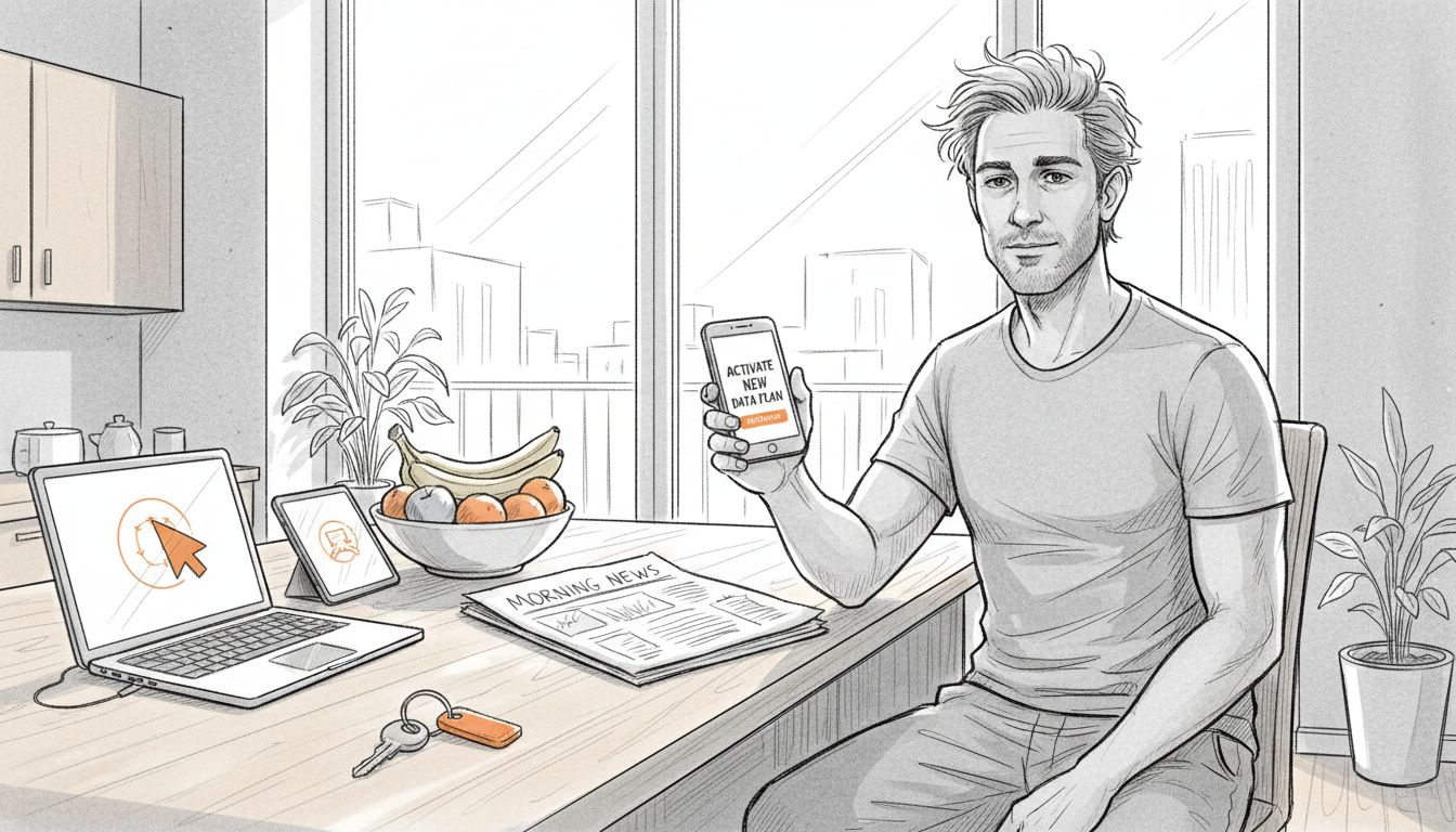 Man managing devices with eSIM profiles