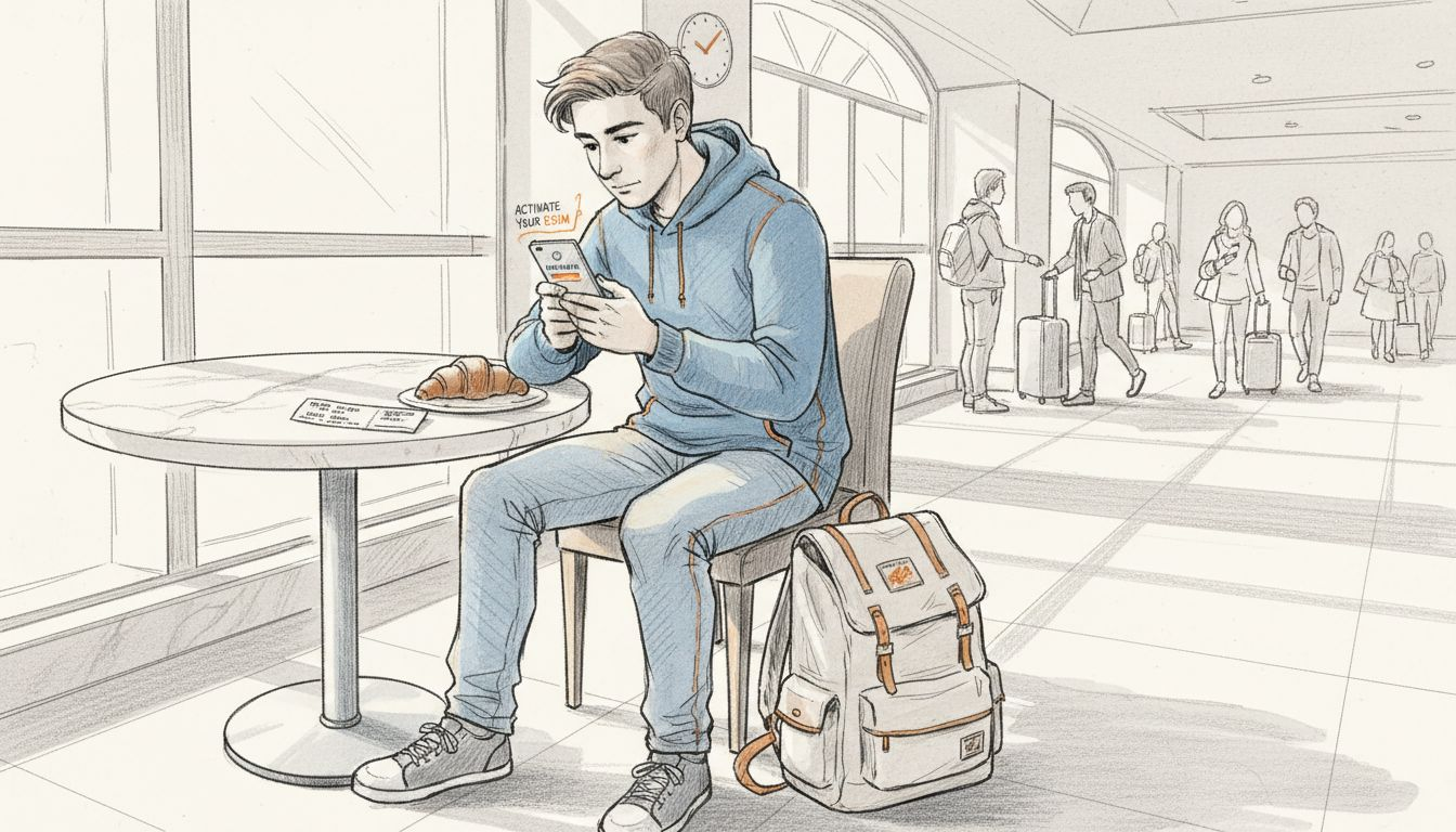 Traveler activating eSIM at airport lounge