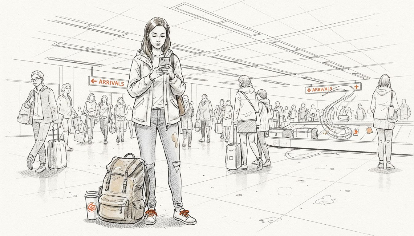 Traveler checking phone at busy airport