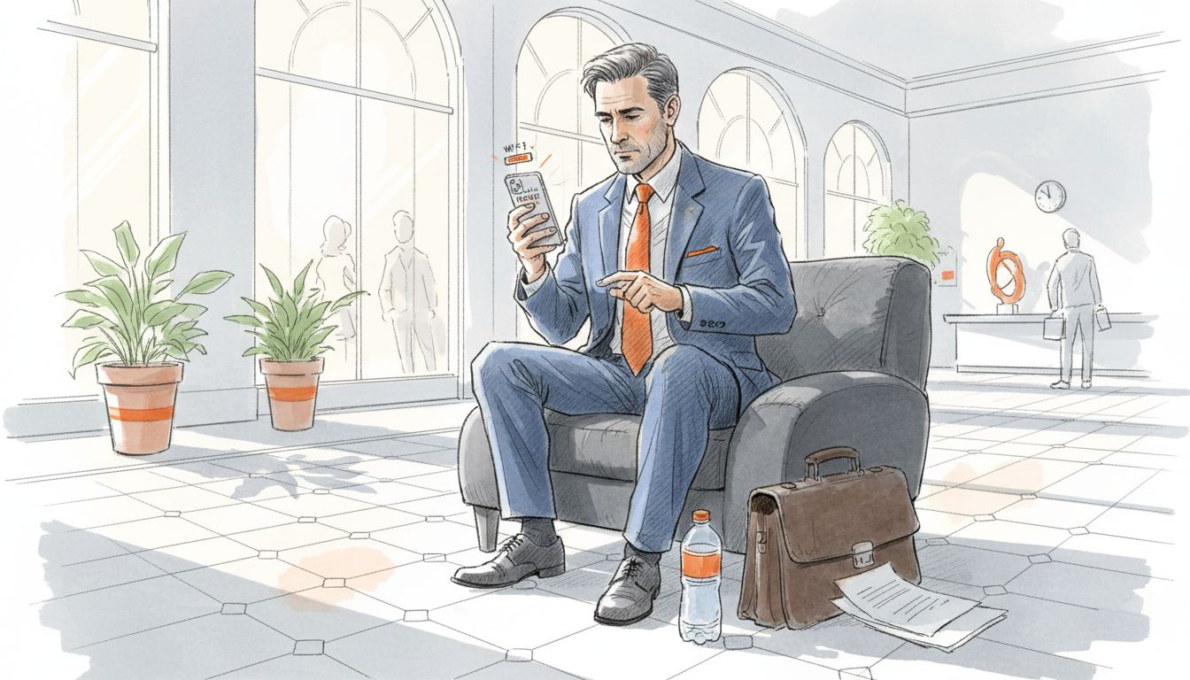 Man changing phone network in hotel lobby