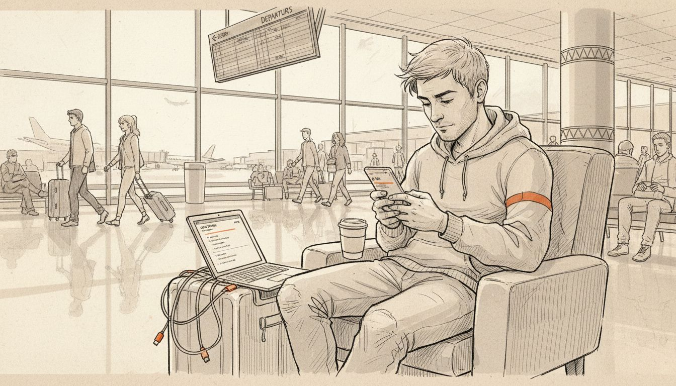 Traveler using multiple eSIM devices in airport lounge