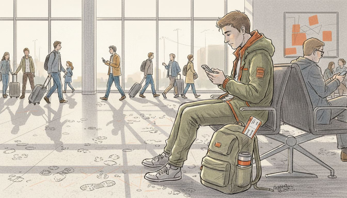 Traveler using smartphone in airport lounge