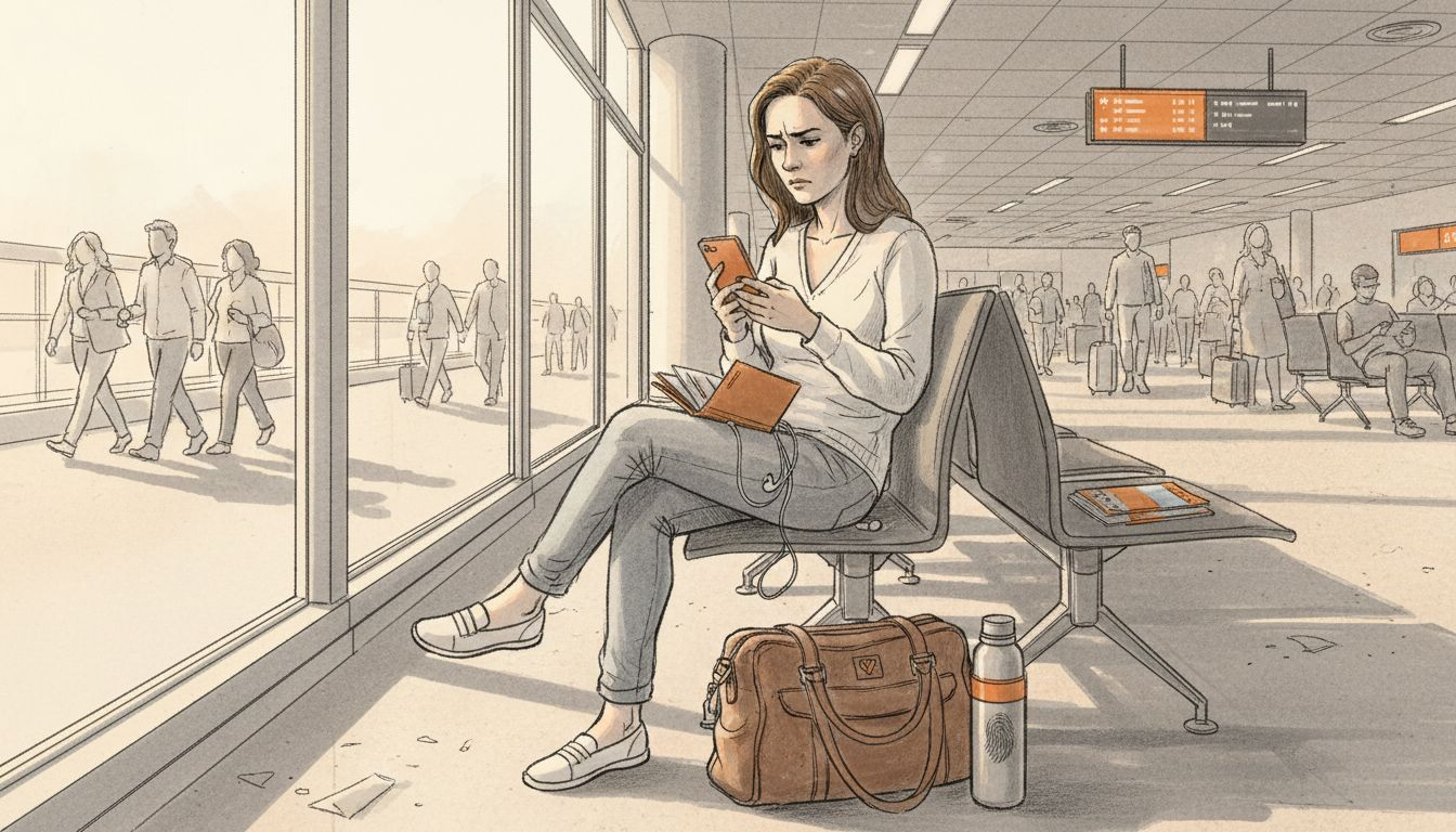 Traveler using smartphone at busy airport