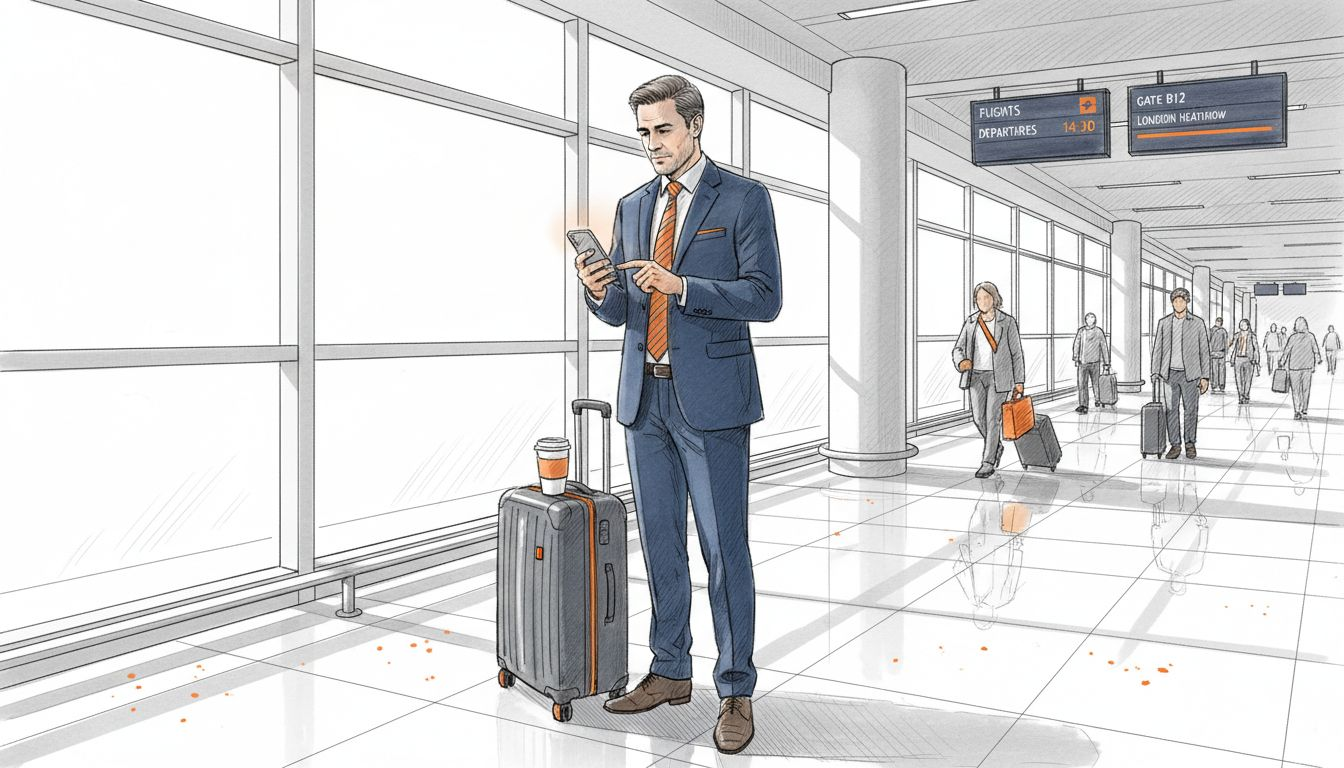 Business traveler managing eSIM at airport
