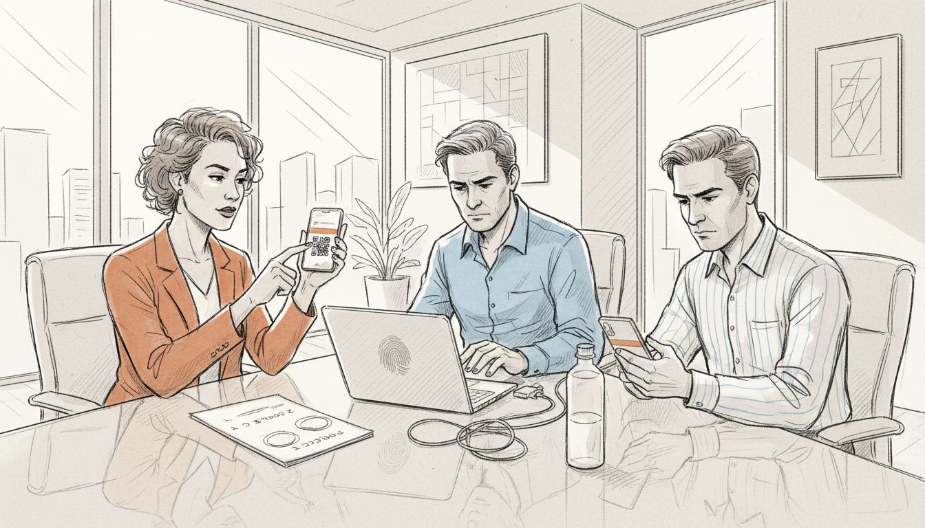 Team setting up phones in sunlit office