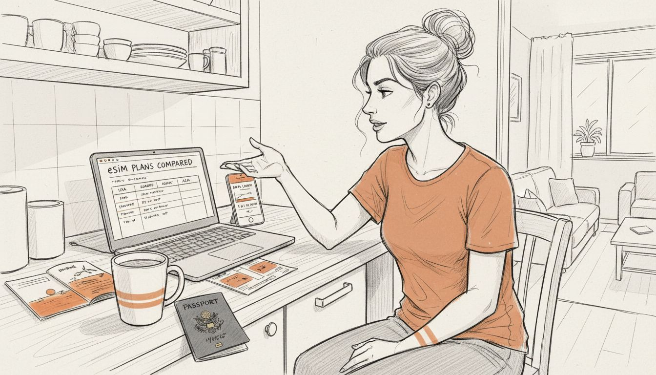 Woman comparing eSIM plans for travel