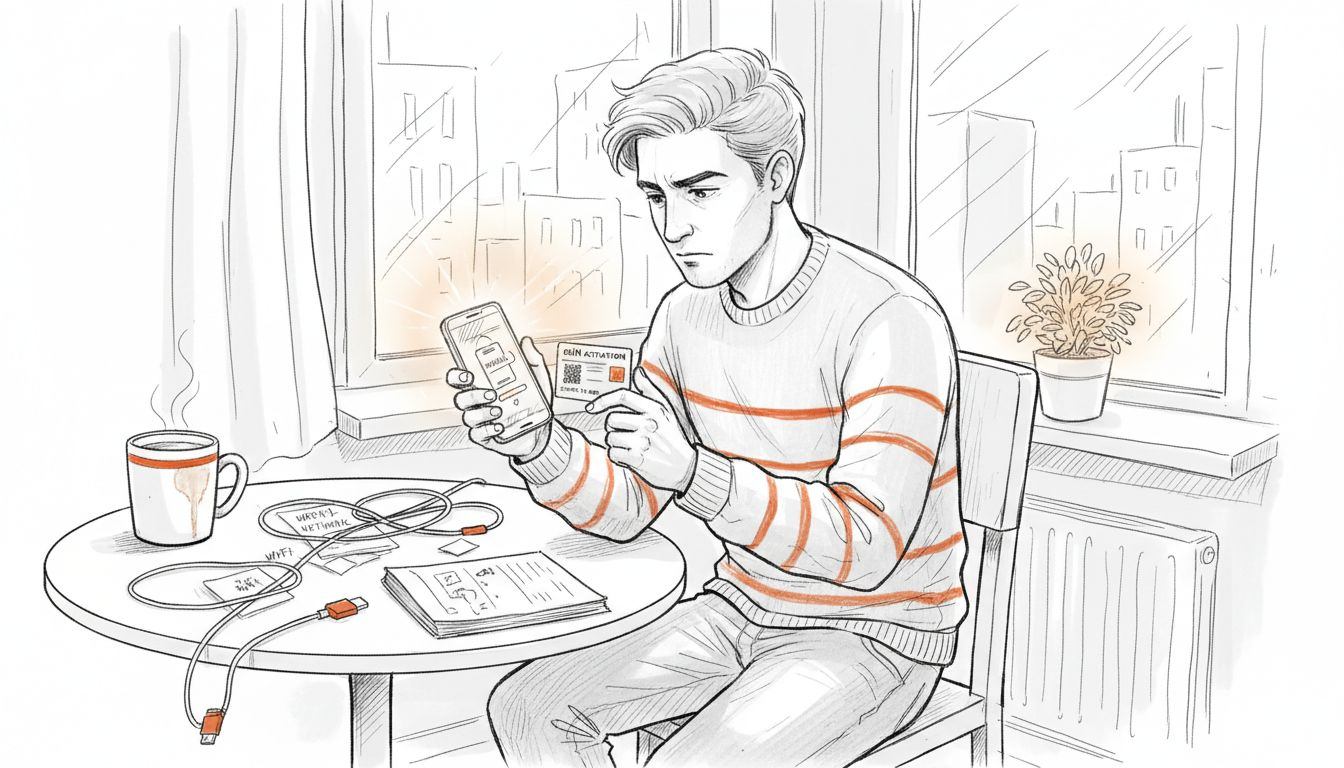 User troubleshooting eSIM setup at kitchen table