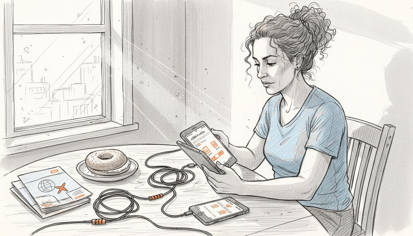 Woman setting up eSIM profiles on devices