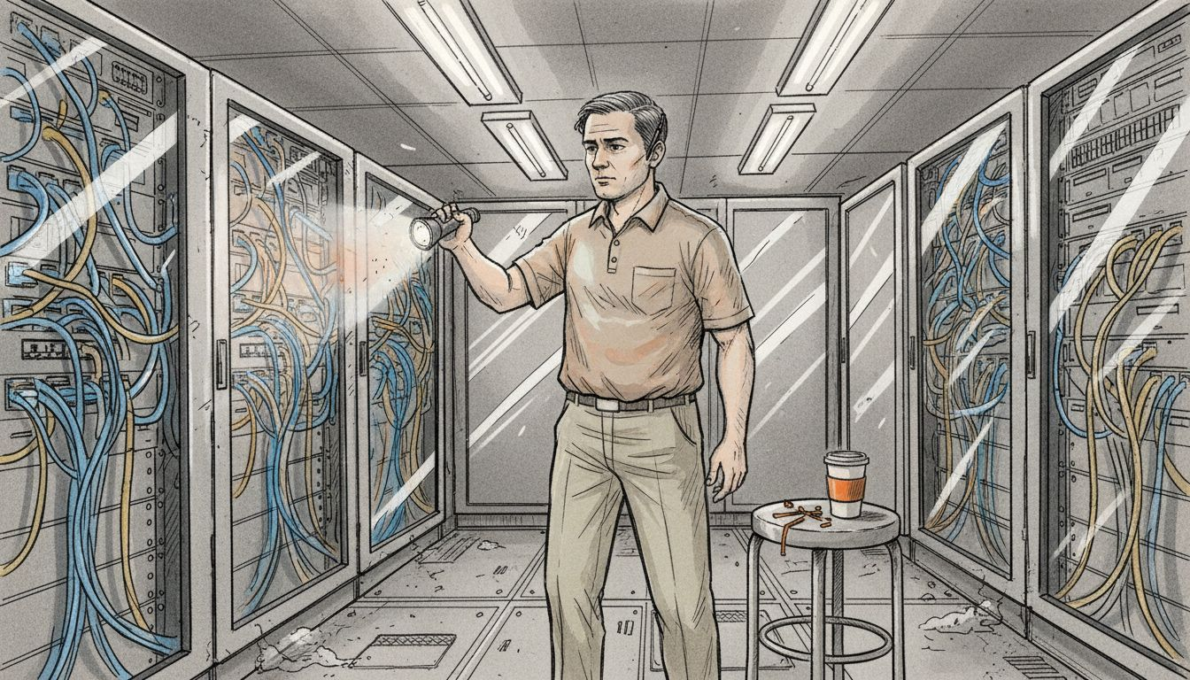 Technician checks network cables in telecom room