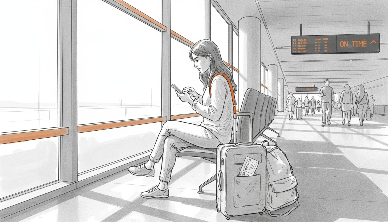 Traveler managing eSIM on phone in airport