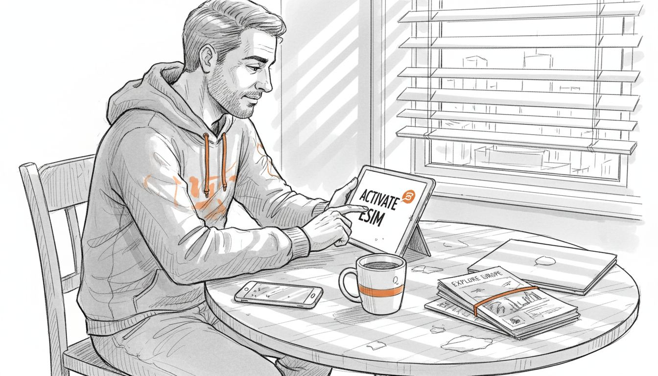 Man activating eSIM on tablet at kitchen table