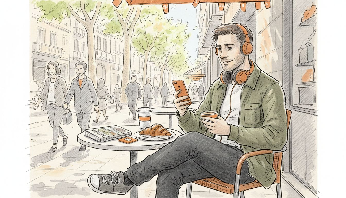 Traveler using phone at Barcelona café