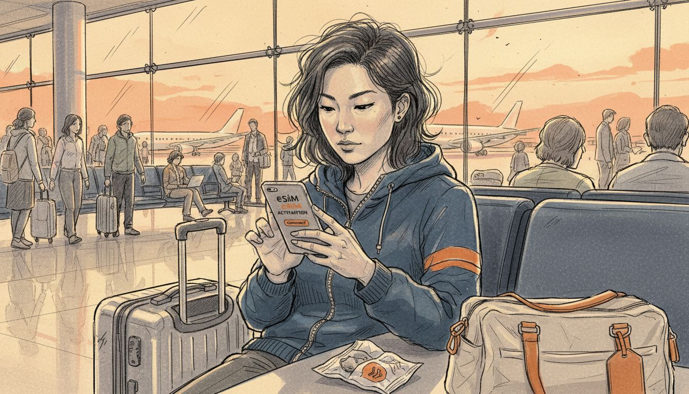 Traveler activating eSIM in airport lounge