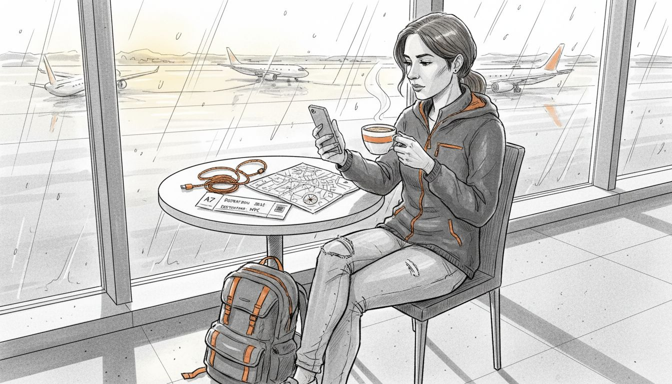 Traveler activating eSIM in airport lounge