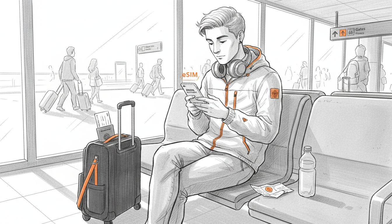 Traveler choosing eSIM at airport bench