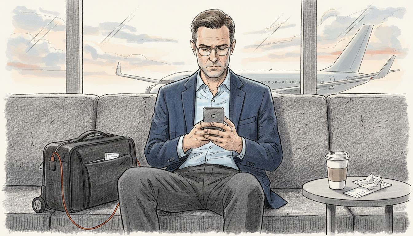 Business traveler using phone in airport