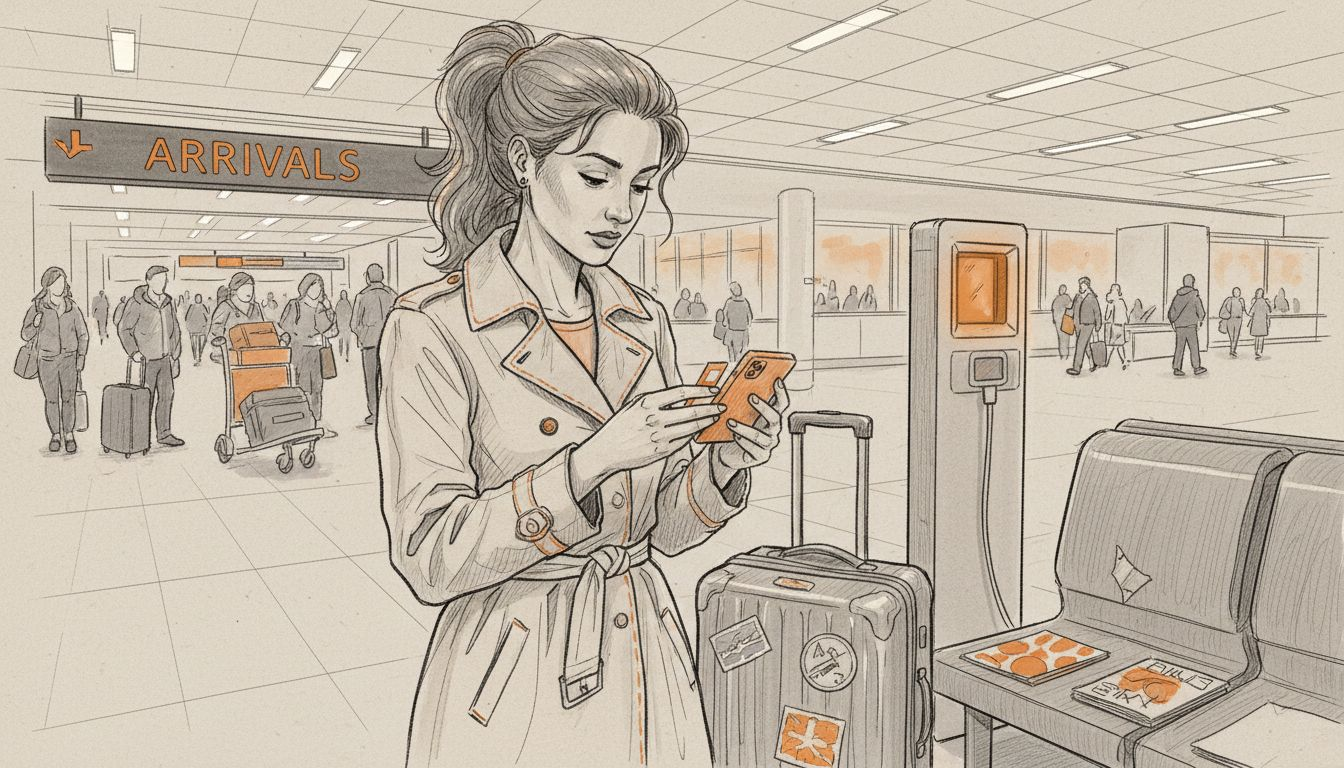 Traveler changing SIM card in airport