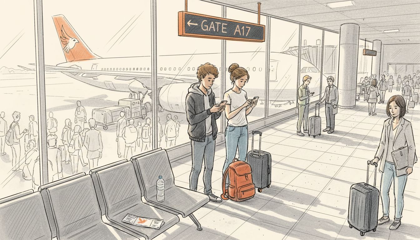 Travelers checking phones at airport gate