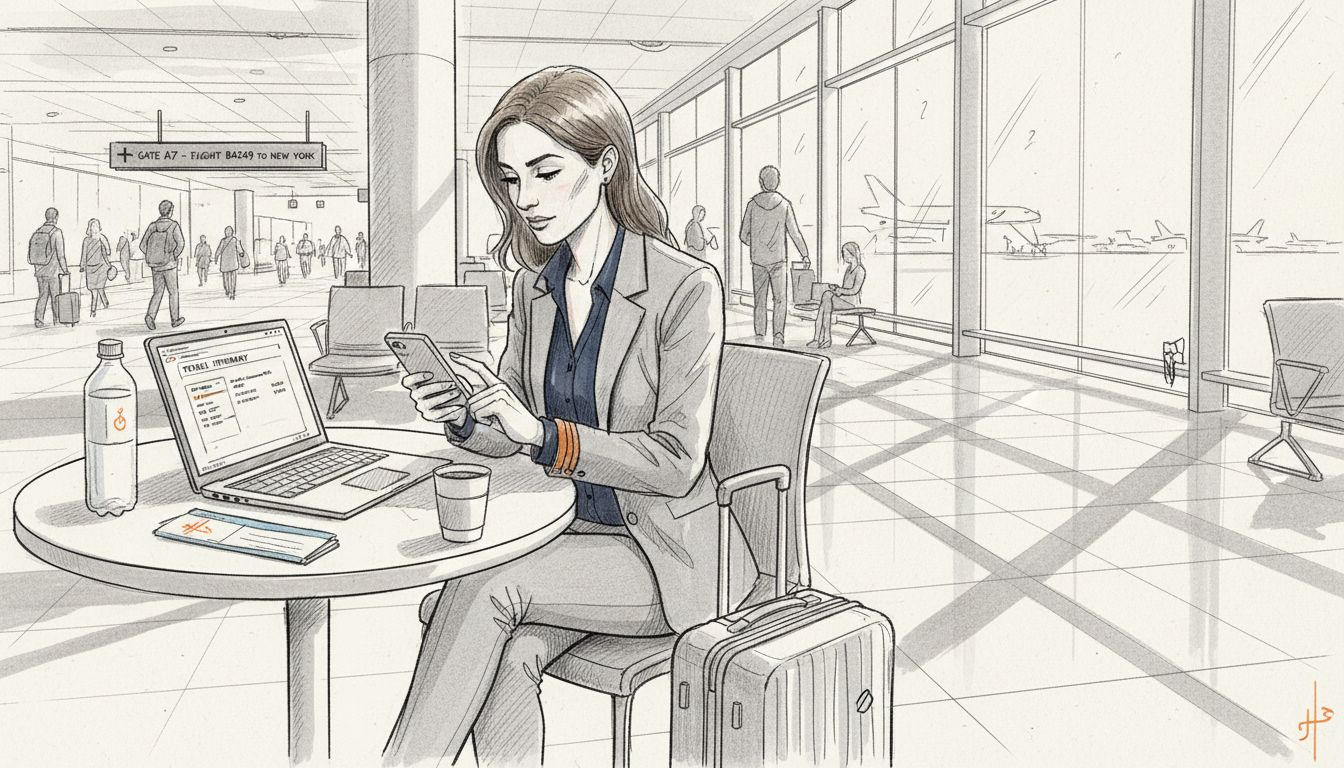 Business traveler setting up eSIM at airport table