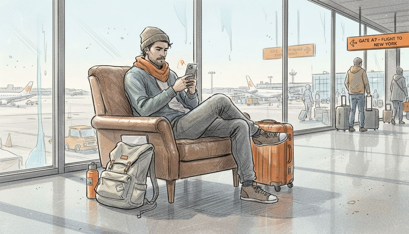 Traveler checking mobile phone in airport lounge