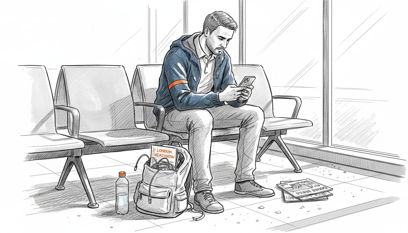 Traveler with phone at airport avoiding roaming fees