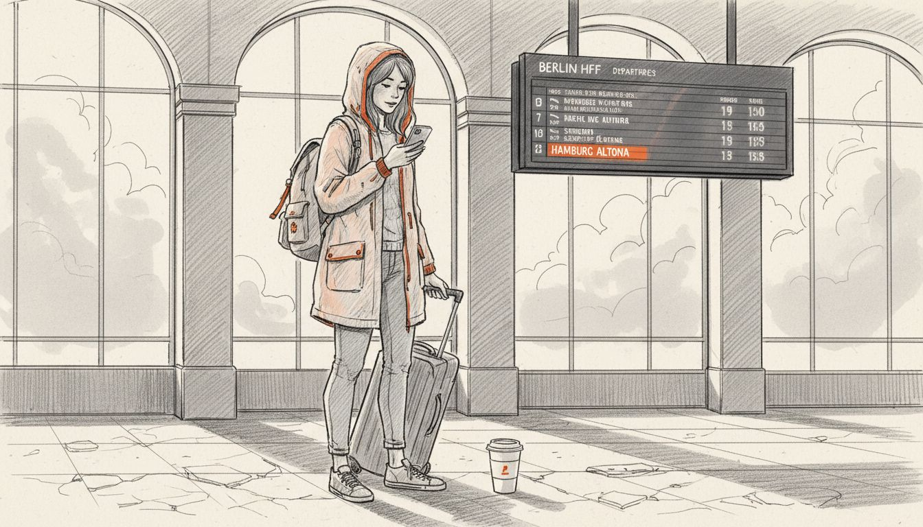 Traveler using phone on station platform abroad