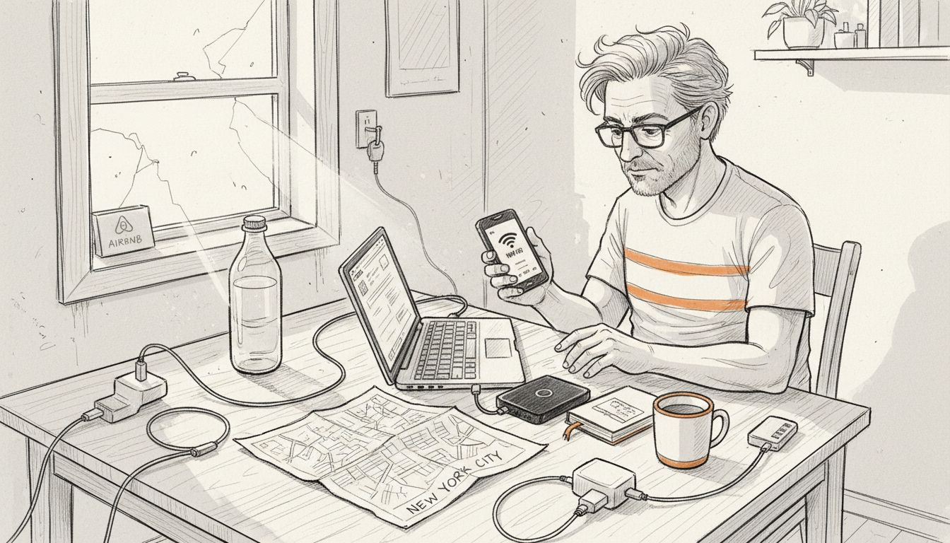 Man configuring travel Wi-Fi and devices