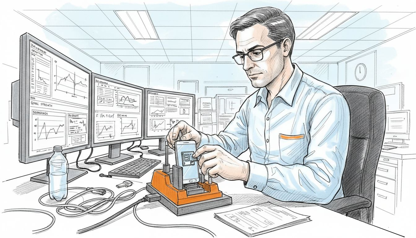 Telecom engineer activating eSIM at workstation