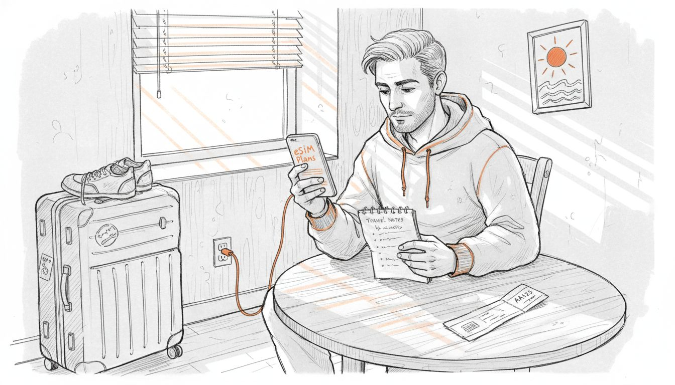 Traveler selecting eSIM plan at kitchen table