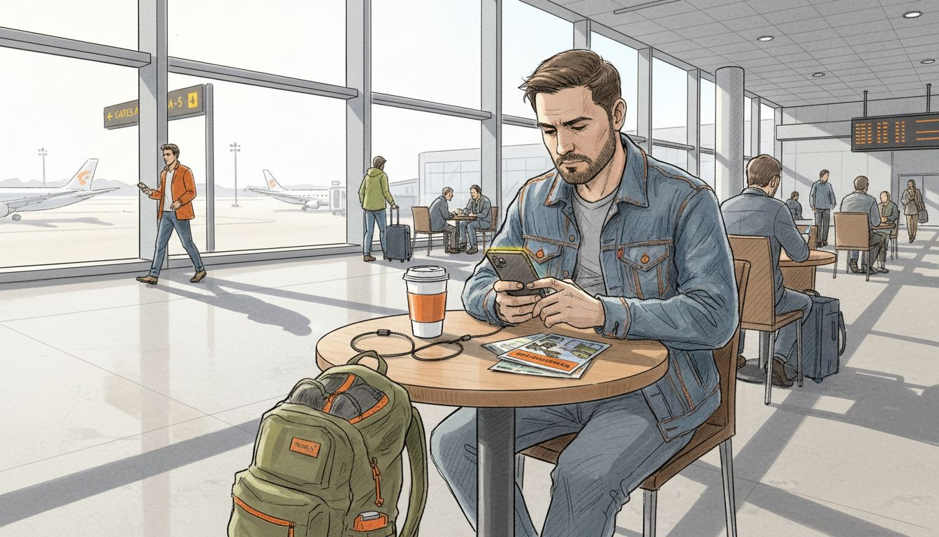 Traveler checking phone in sunny airport lounge