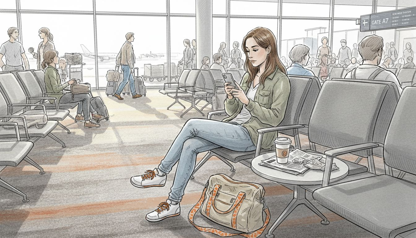 Traveler checks phone at airport lounge
