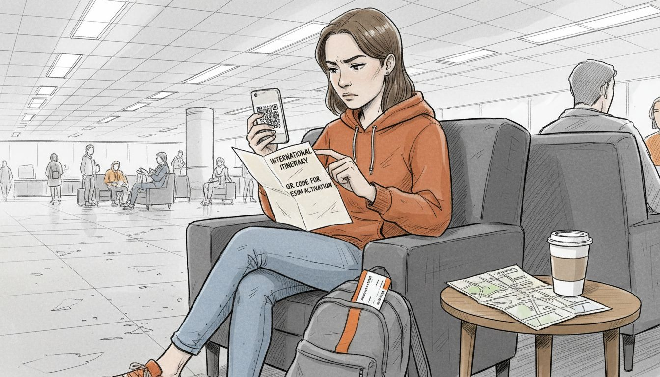 Traveler activating eSIM at airport lounge