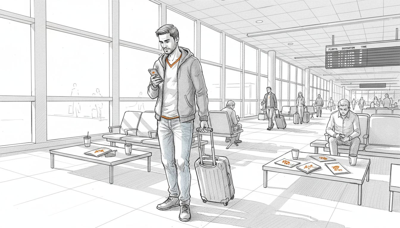 Traveler checking phone in airport terminal