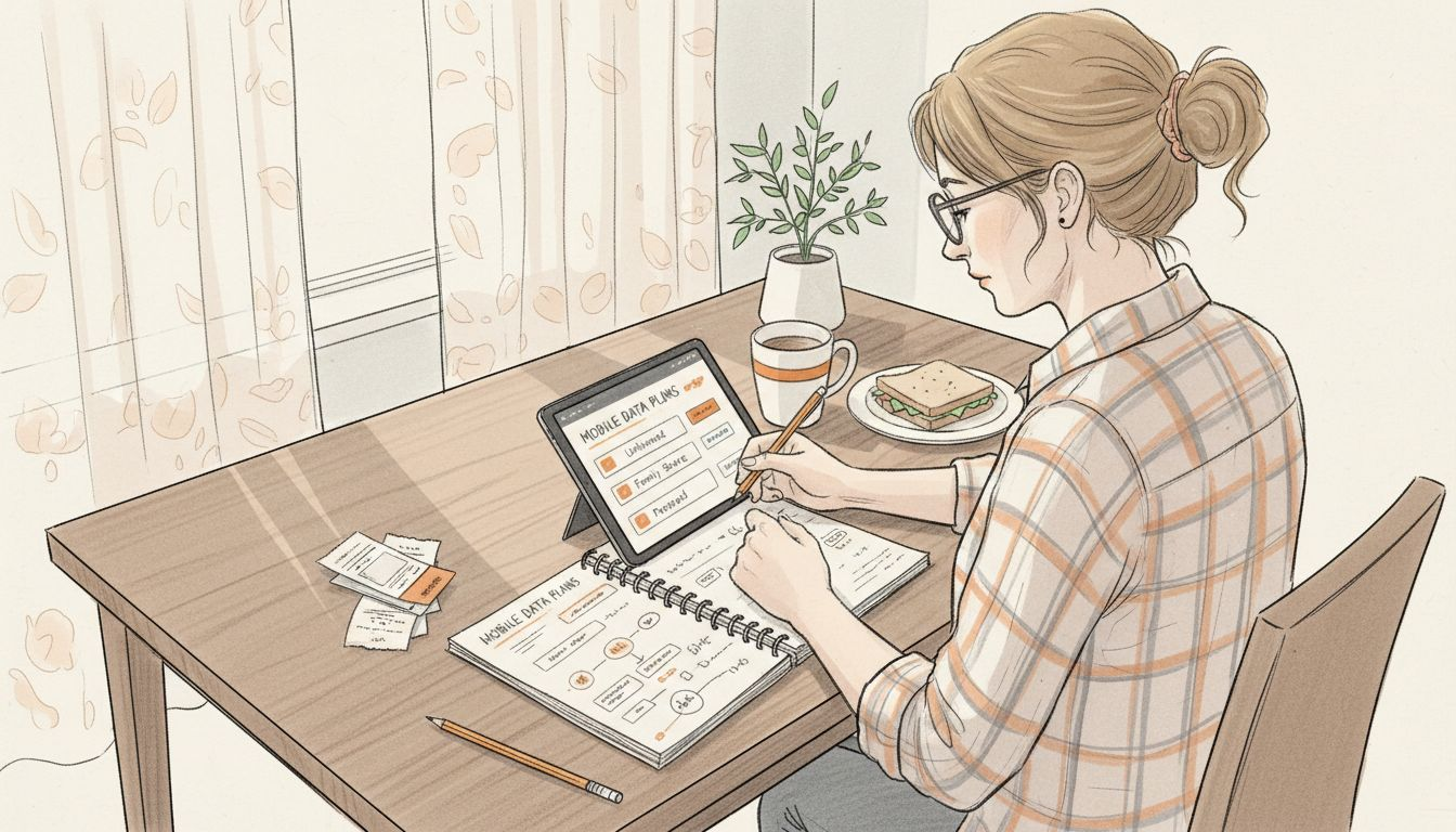 Woman comparing mobile data plans at home