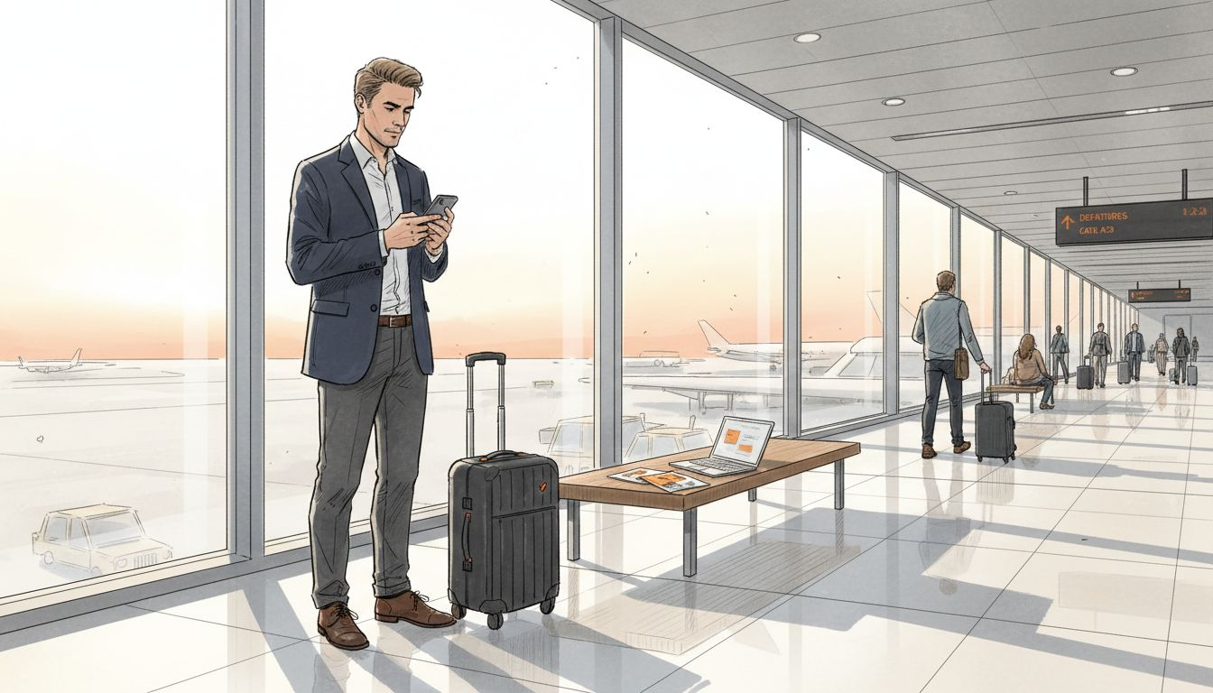 Business traveler using phone at airport