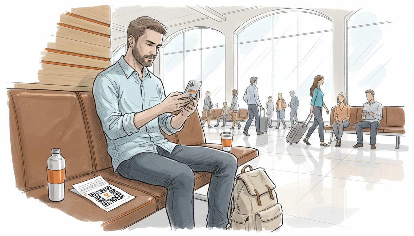 Traveler activating phone in airport lounge