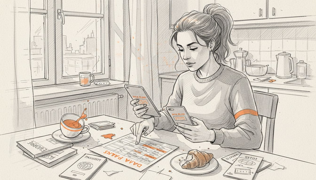 Woman comparing mobile plans at kitchen table