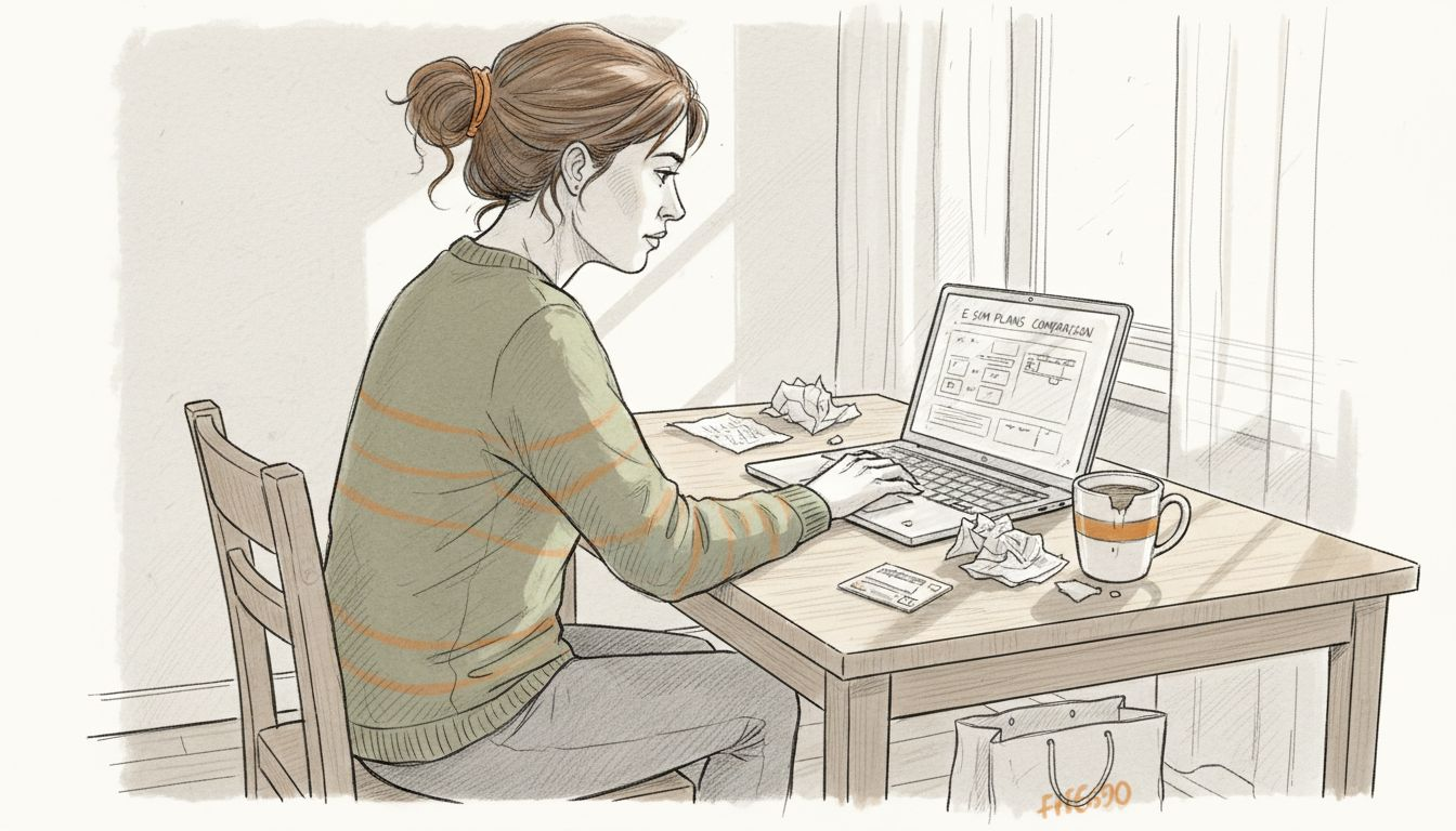 Woman comparing eSIM plans on laptop