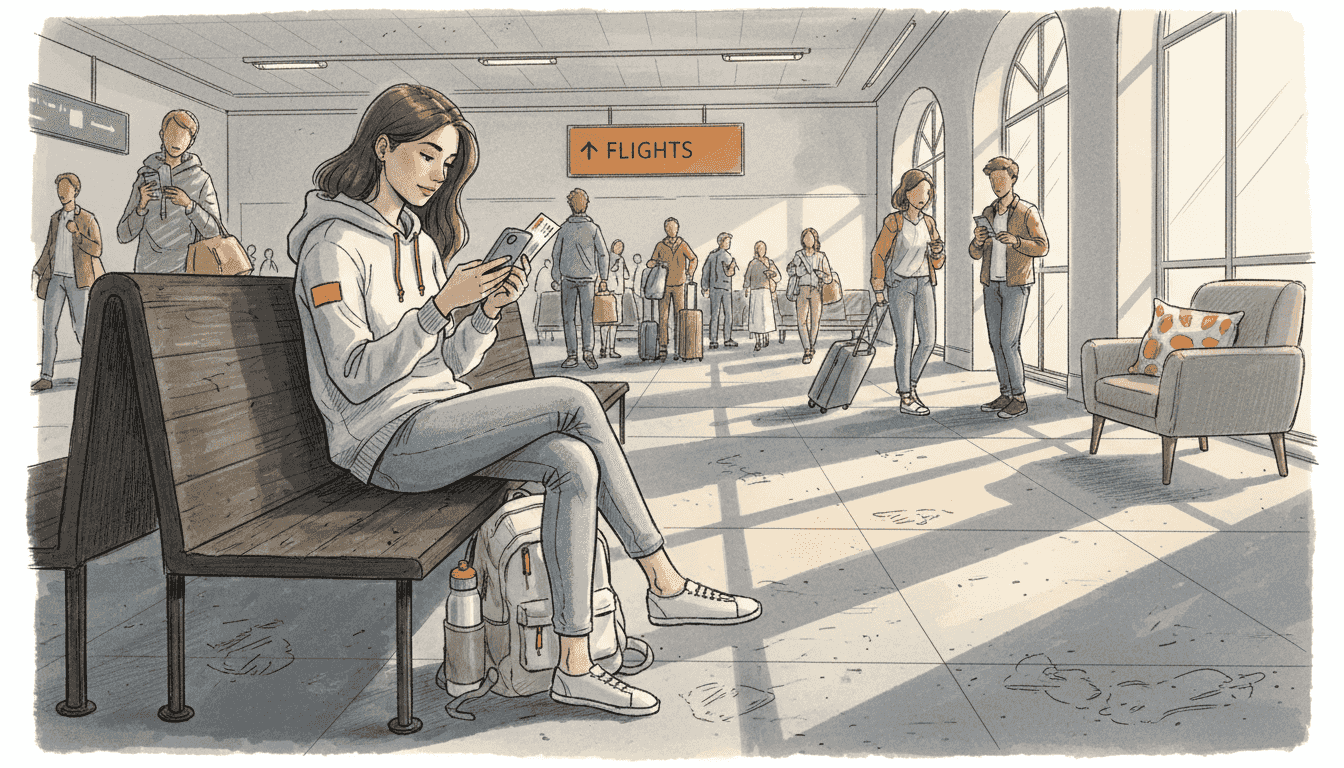 Traveler setting up eSIM in airport lounge