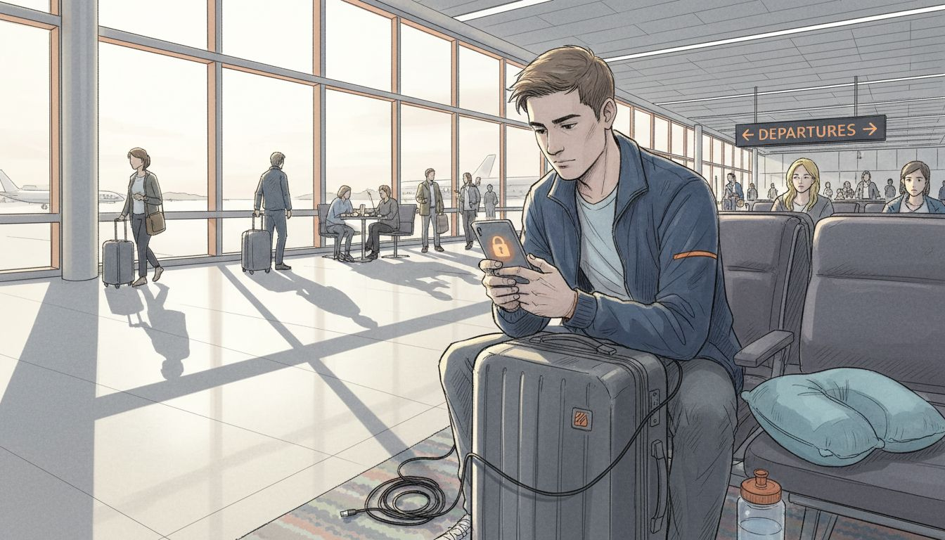 Traveler securing phone in airport lounge