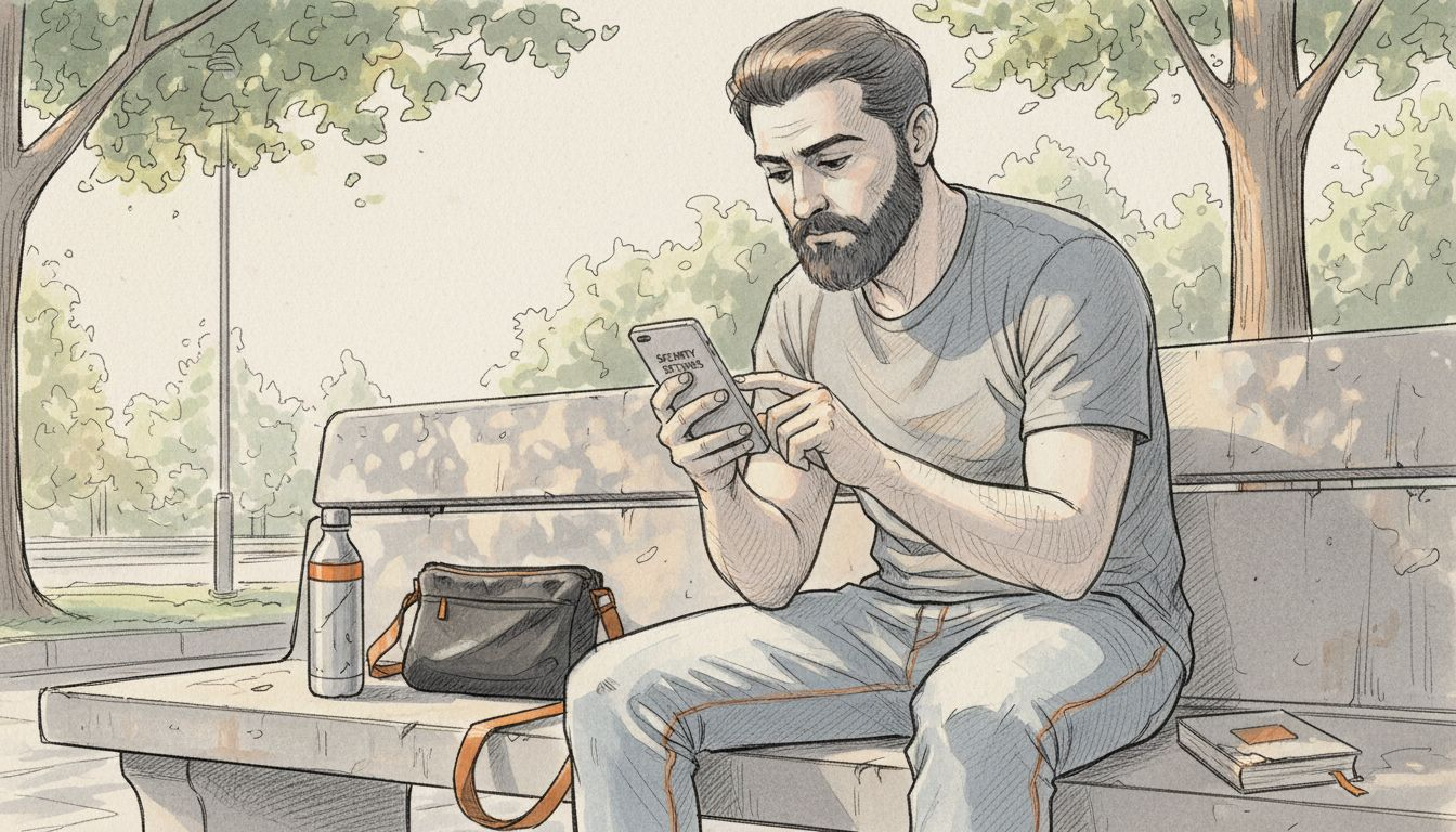 Traveler securing phone eSIM outdoors