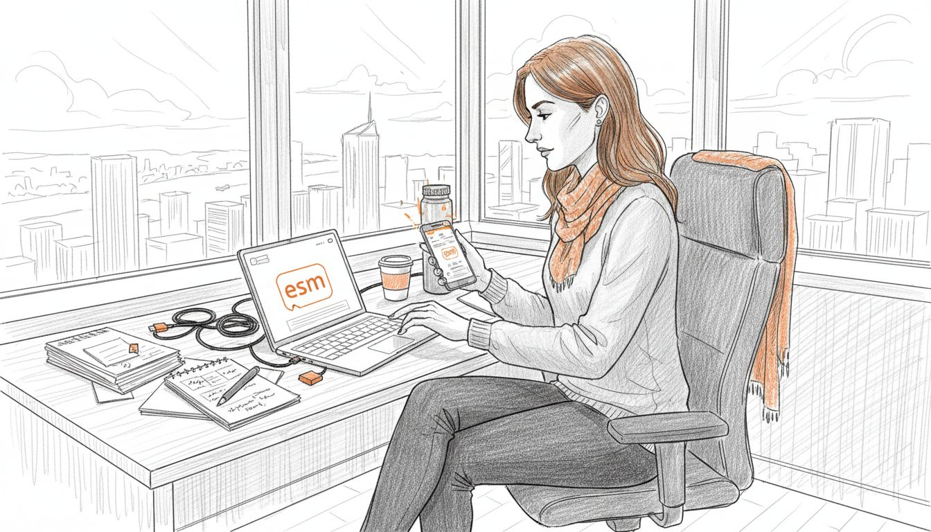 Woman configuring eSIM in corner office