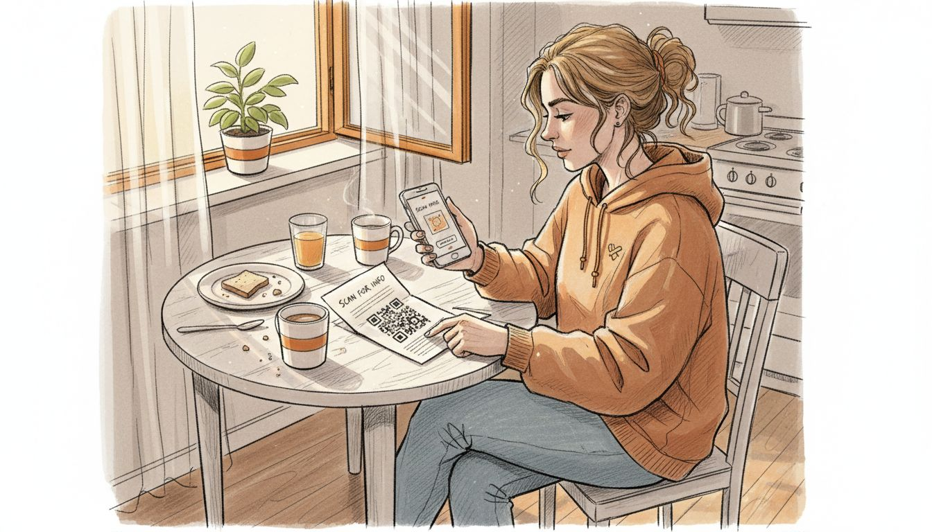 Woman scanning eSIM QR code at kitchen table