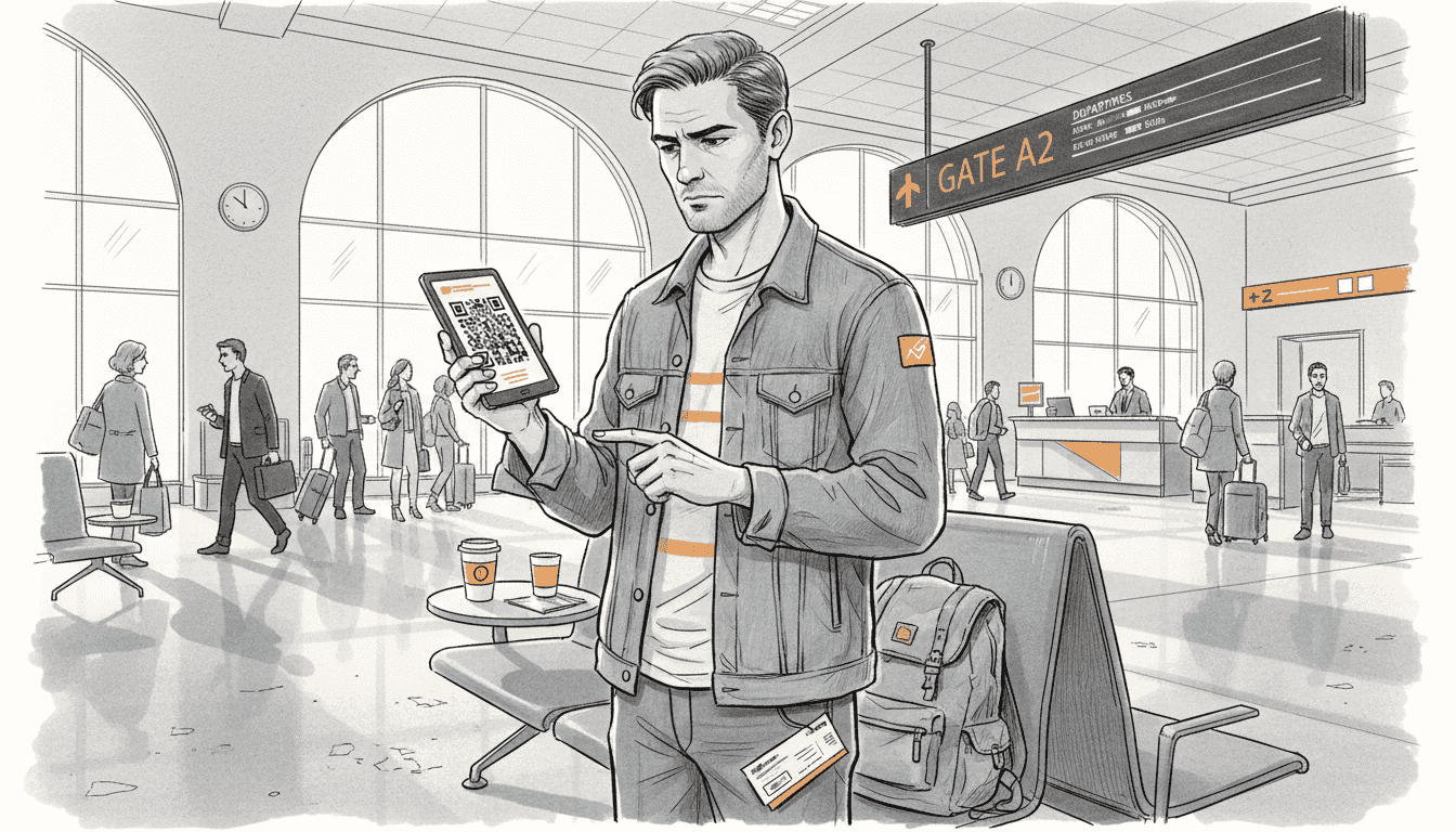 Traveler activating eSIM in airport lounge