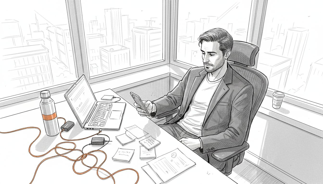 Professional using phone and laptop in city office