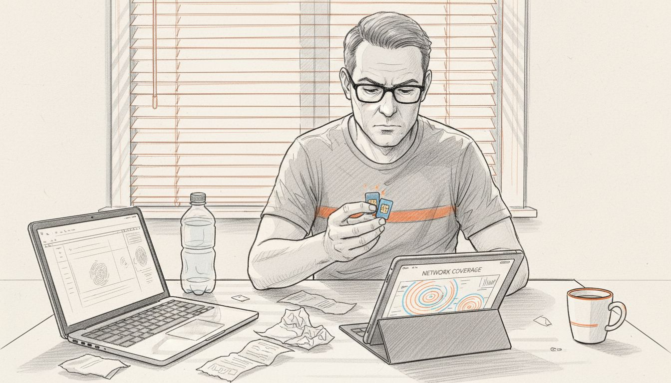 Consultant comparing SIM cards at kitchen table