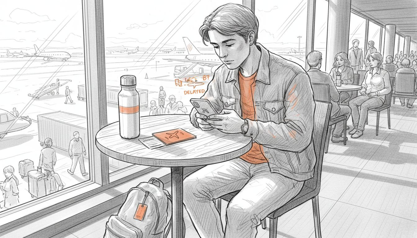 Traveler managing phone at airport lounge
