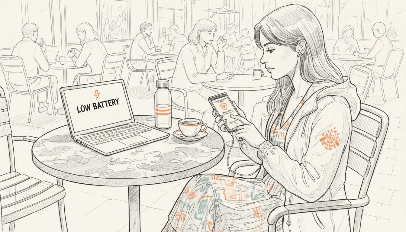 Traveler activates VPN on phone at outdoor café