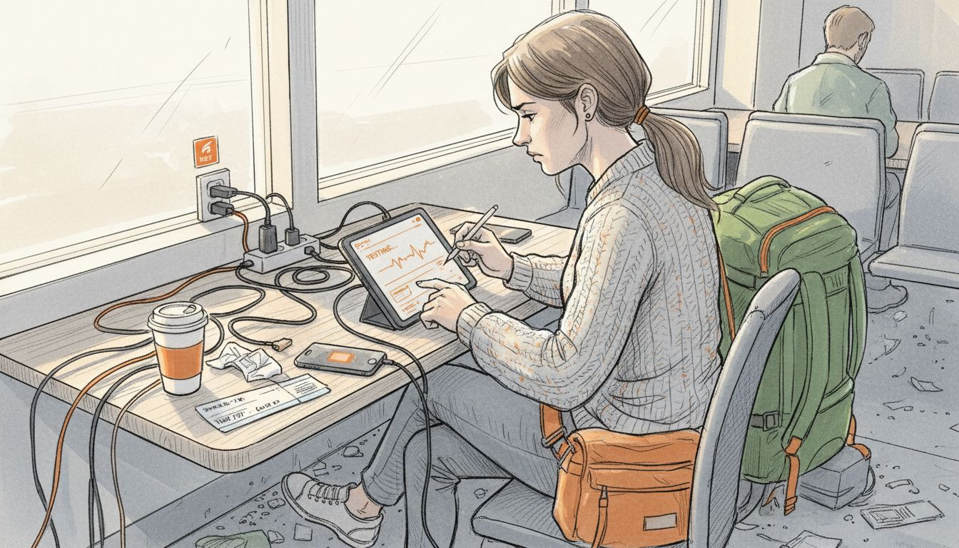 Traveler checking network speeds in airport lounge